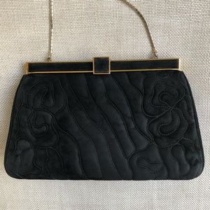 Judith Leiber Vintage Shoulder Bag Clutch Black Embroidered Suede